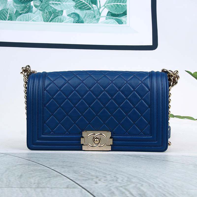 【95新】香奈儿牛皮leboy系列中号女士蓝色单肩包胖虎