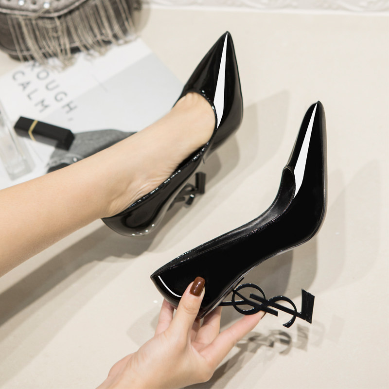 羊皮尖头杨树林黑色高跟鞋字母细跟ys高级设计感小众气质法式秋冬