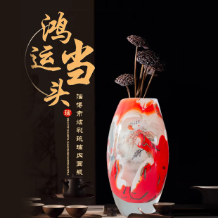 好客山东 淄博张广庆大师炫彩琉璃内画瓶《鸿运当头》礼品摆件