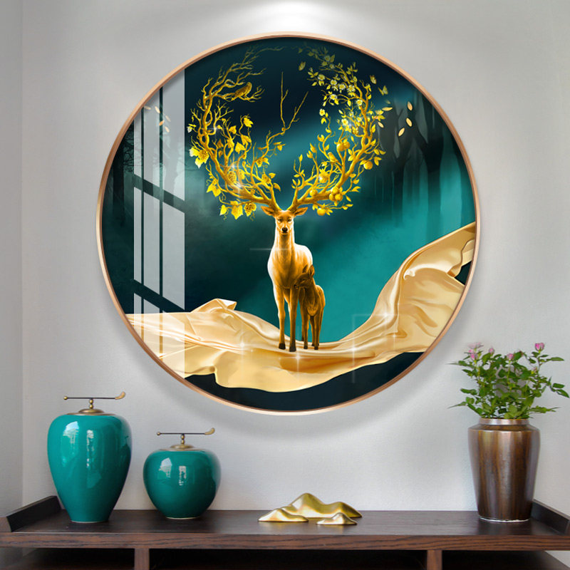 福鹿餐厅圆形墙画现代轻奢客厅墙上装饰创意挂画晶瓷招财玄关壁画