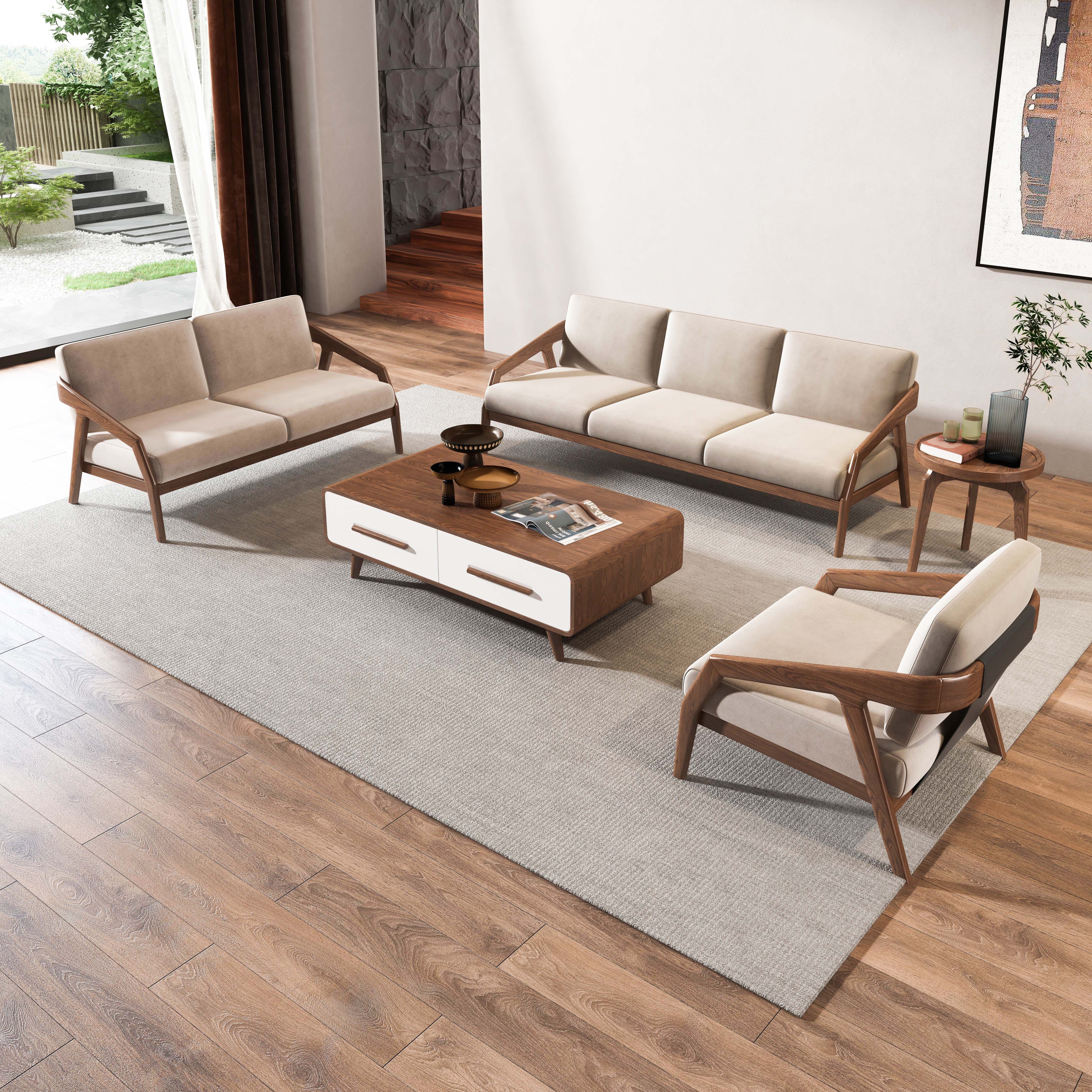 韵存北欧实木布艺沙发简约现代客厅小户型双三人原木整装沙发组合