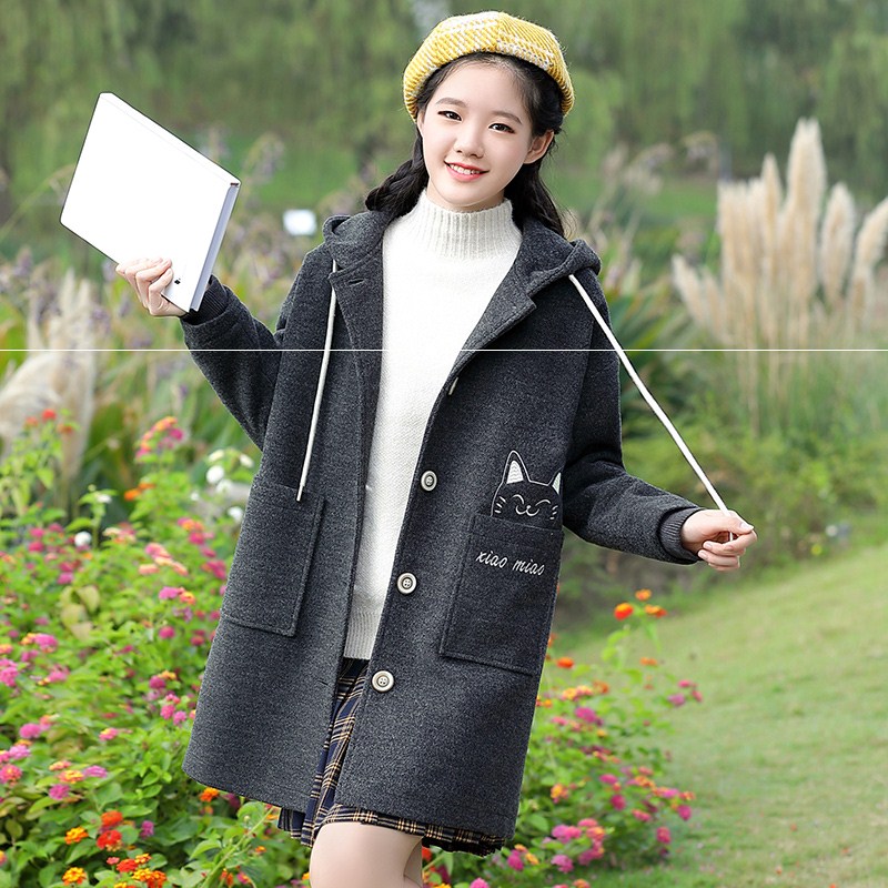呢子初中学生卫校女生2019新款毛呢宽松学院风高中生中长外套大衣钱秋冬毕业多少上初中图片