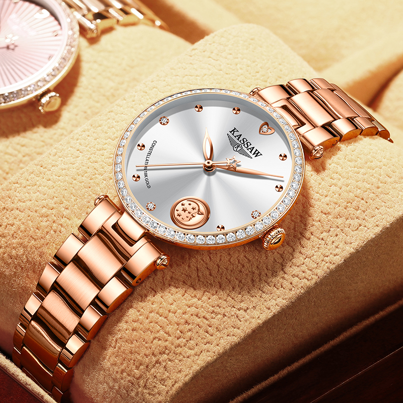 正品瑞士名牌手表女士机械表简约气质卡梭尔18k小金表女表