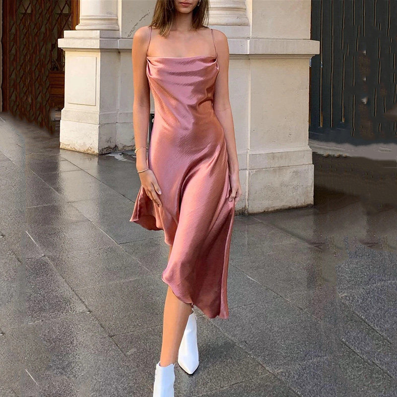 欧美风ins网红款气质抹胸吊带不规则斜边连衣裙丝滑中裙聚会裙子