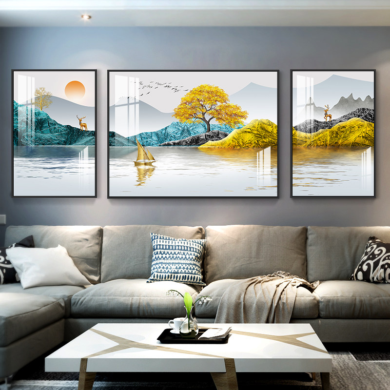客厅装饰画新中式山水挂画轻奢现代沙发背景墙壁画三联画背有靠山