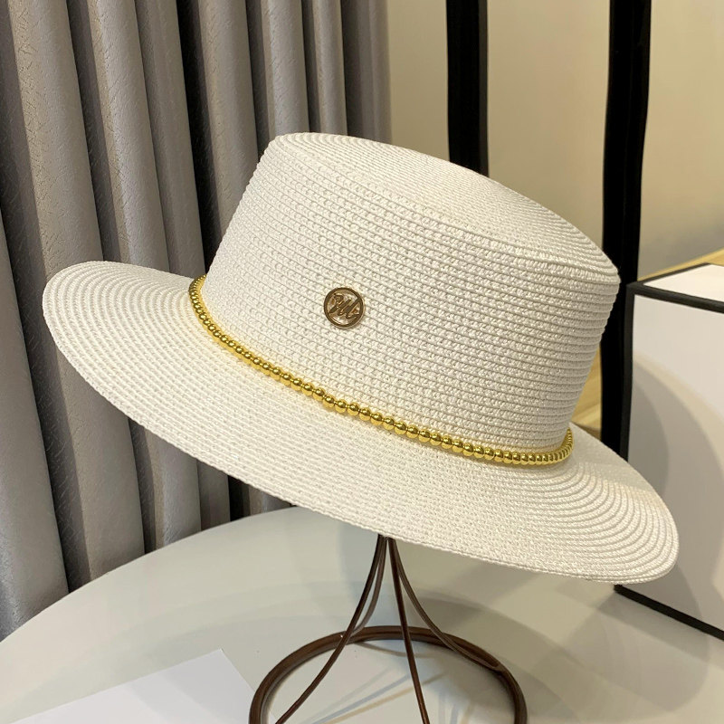 白色草帽女出游夏季防晒沙滩遮阳凉帽平顶韩版百搭日系编织帽子夏