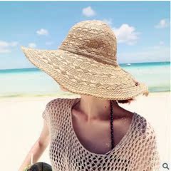 2016新款手工编织草帽 女士太阳帽大沿防晒户外沙滩遮阳帽