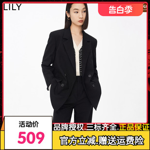 【专柜甄选】LILY2023秋新款女装绵羊毛双排扣宽松黑色西装外套女