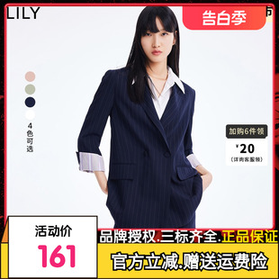 LILY2022夏新款女装气质双排扣垫肩设计宽松通勤条纹小西装外套