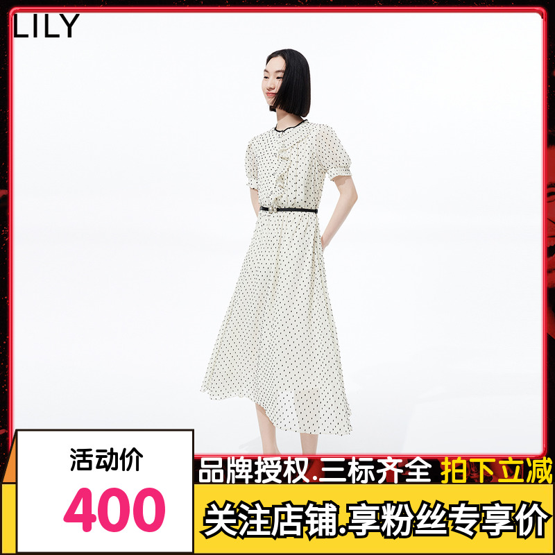 LILY2023夏新款女装复古浪漫波点别致洋气压褶气质垂感高腰连衣裙