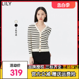 【商场同款】LILY2023秋新款女装复古条纹V领修身针织开衫外搭女