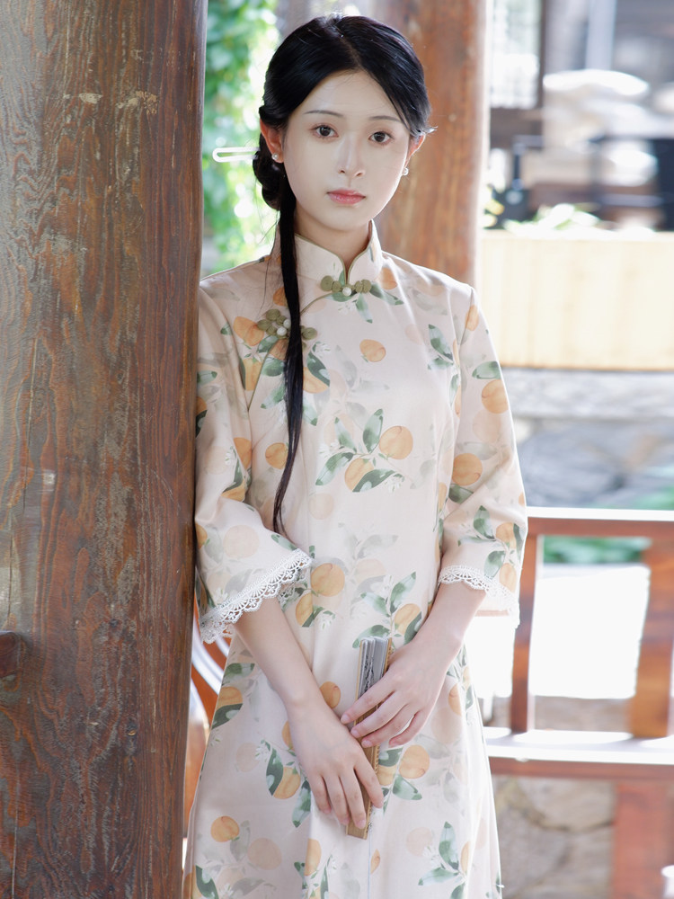 麂皮绒民国风清新素雅旗袍2022秋季年轻款少女小个子150cm显高