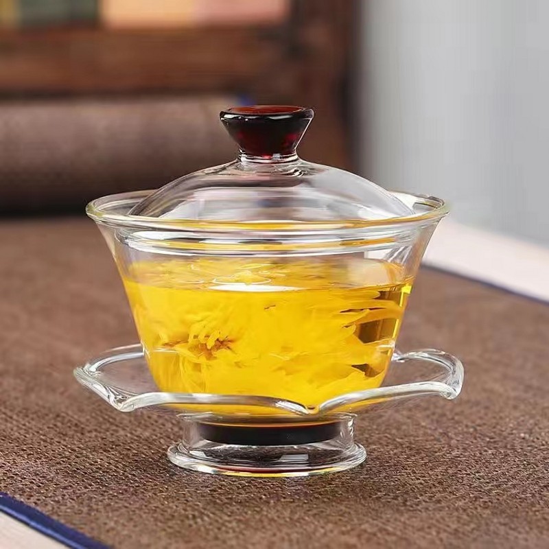 透明加厚耐热泡茶碗玻璃三才盖碗家用功夫茶具套装大号荷叶泡茶杯