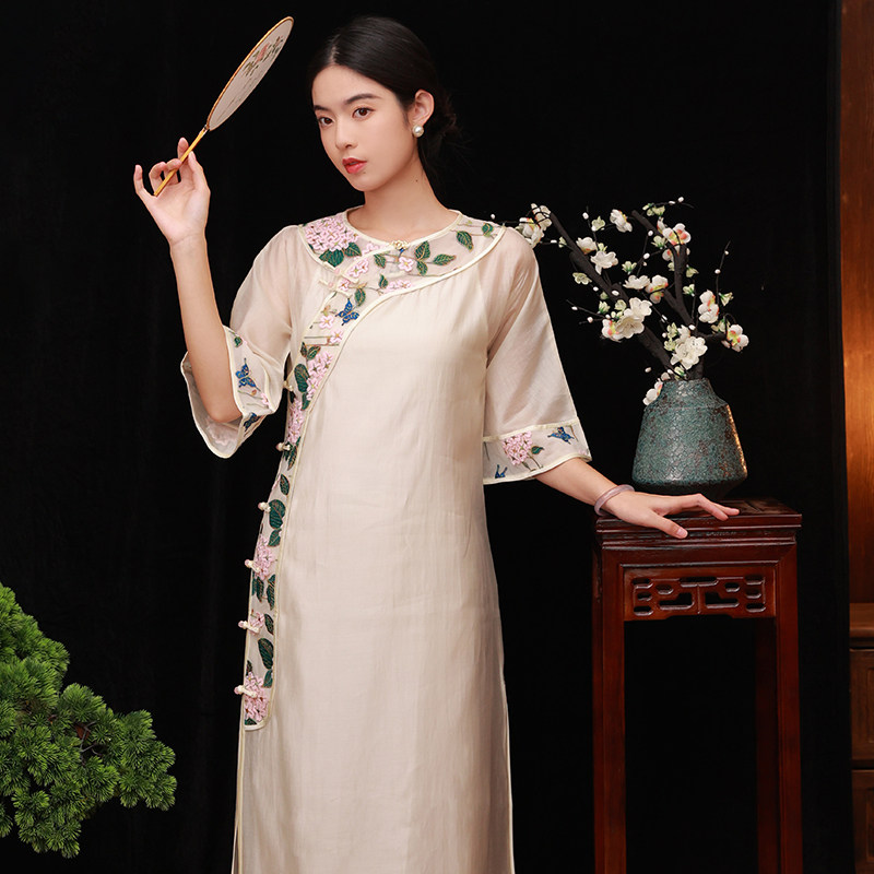 高端茶艺师服装女禅服女仙气高档中国风连衣裙越南旗袍裙改良奥黛