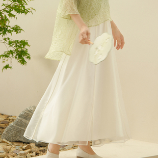 春夏季新中式国风复古优雅气质纱裙百搭雪纺白色超仙气大摆半身裙