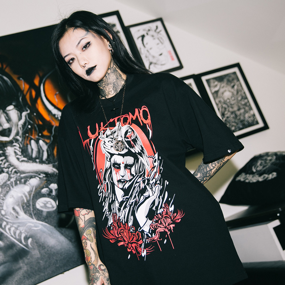 双头燕ekhlas六道母乐队联名暗黑观音纹身刺青摇滚硬核黑金属短袖