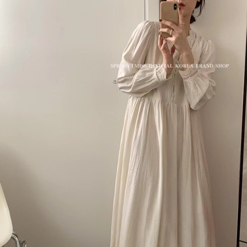 imiss studio韩国春季新款温柔蕾丝花边百搭长袖连衣裙裙子6259