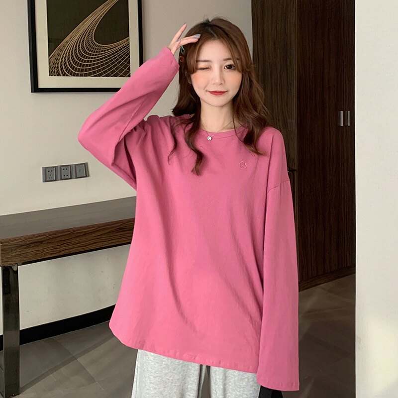 实拍6535拉架棉活性春秋新款宽松百搭简约刺绣长袖t恤女-小曹家羽绒服