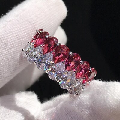 au750白金进口莫桑红宝石双钻水滴满钻排潮流女款戒指