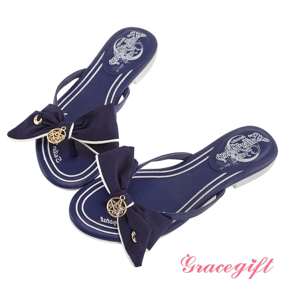 grace gift-美少女战士蝴蝶结月亮饰扣凉拖鞋 蓝