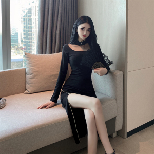 Long sleeve modified retro daily cheongsam waist closing sexy slit long dress