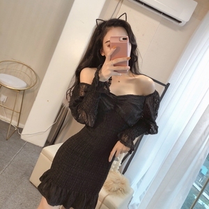 Long sleeve Square Neck Lace slim fit Ruffle hem Hip Wrap bubble sleeve fashion sexy dress for women