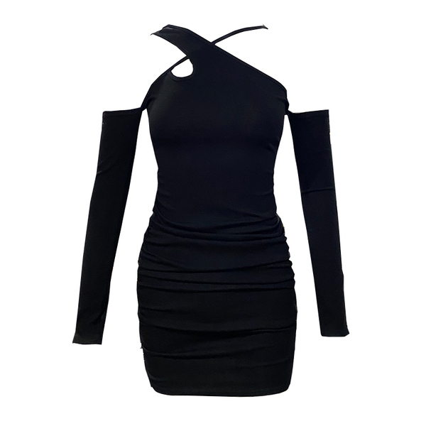Long sleeve off shoulder small black dress with drawstring sexy anchor slim dress
