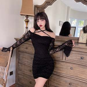 Spring new one line collar hanging neck lace pure desire to close waist small sexy court buttock dress
