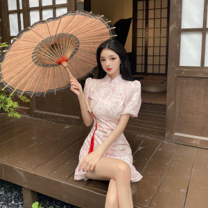 Summer new style bubble sleeve retro improved national style waist closing cheongsam lotus leaf fishtail dress