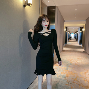 New commuter long sleeve lace patchwork waist Ruffle fishtail Hip Wrap sexy dress