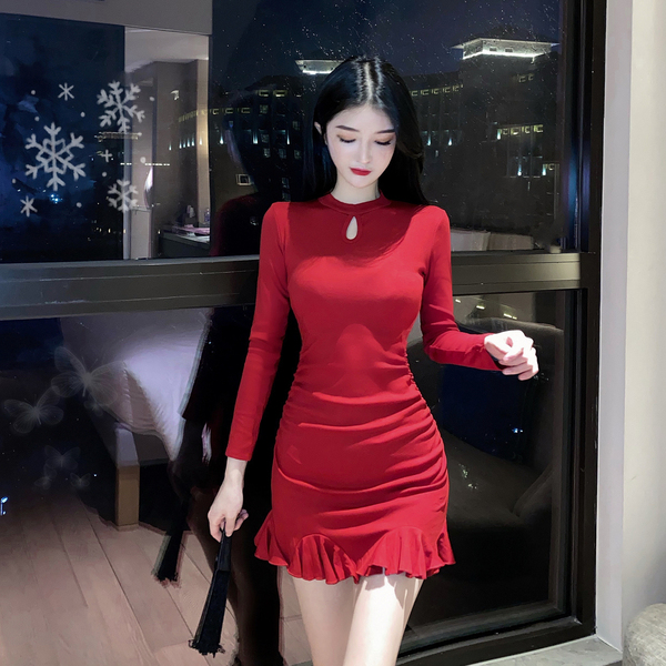 Long sleeve red close waist show thin sexy fashion Ruffle fishtail dress