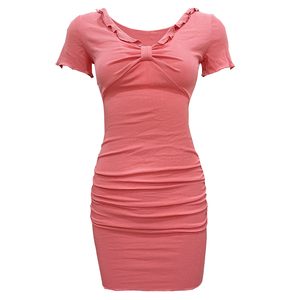 V-neck with ruffle shows thin waist， solid color pleated fashion hip dress