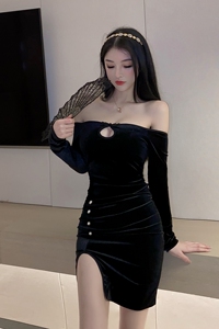 Long sleeve one neck off shoulder sexy waist slit bag hip black velvet dress