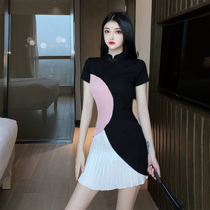 Cheongsam color matching show thin waist retro A-line skirt anchor dress