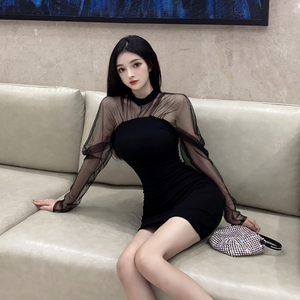 Autumn new long sleeve mesh stitching solid color elastic waist bag hip sexy dress women