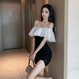 Straight neck off shoulder French Ruffle hem waist bag hip split new summer dress for women