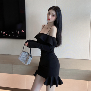 One line off shoulder long sleeve drawstring waist fishtail fashion hip dress