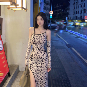 Autumn and winter new suspender broken flower bag hip retro national style long skirt two-piece set female dress