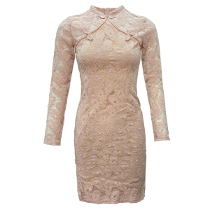 Long sleeve pink lace retro improved Chinese style Qipao waist and hip dress