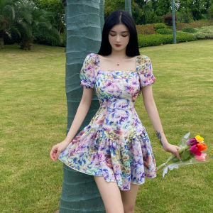 Summer new French Purple Floral dress female princess skirt fluffy celebrity fashion dress