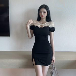 Short sleeve color matching waist short sleeve fashion beaded lace stitching buttock dress