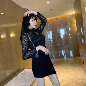 Long sleeve lace stitching waist closing nightclub sexy slim dress