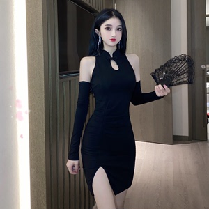 New Chinese style retro improved cheongsam backless sexy waist closing slit thin dress