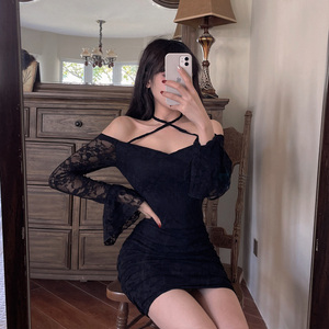 Spring new one line collar hanging neck lace pure desire to close waist small sexy court buttock dress