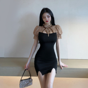 Lace Sexy waist pack hip bubble sleeve short sleeve dress