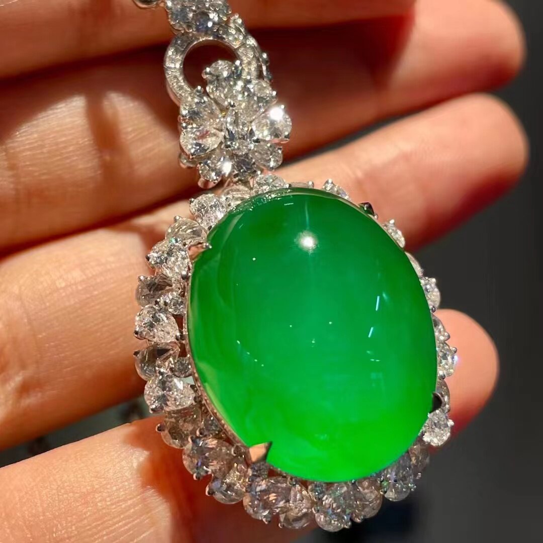 美人石珠宝天然a货翡翠阳绿色蛋面戒面吊坠翡翠直播戒面镶嵌