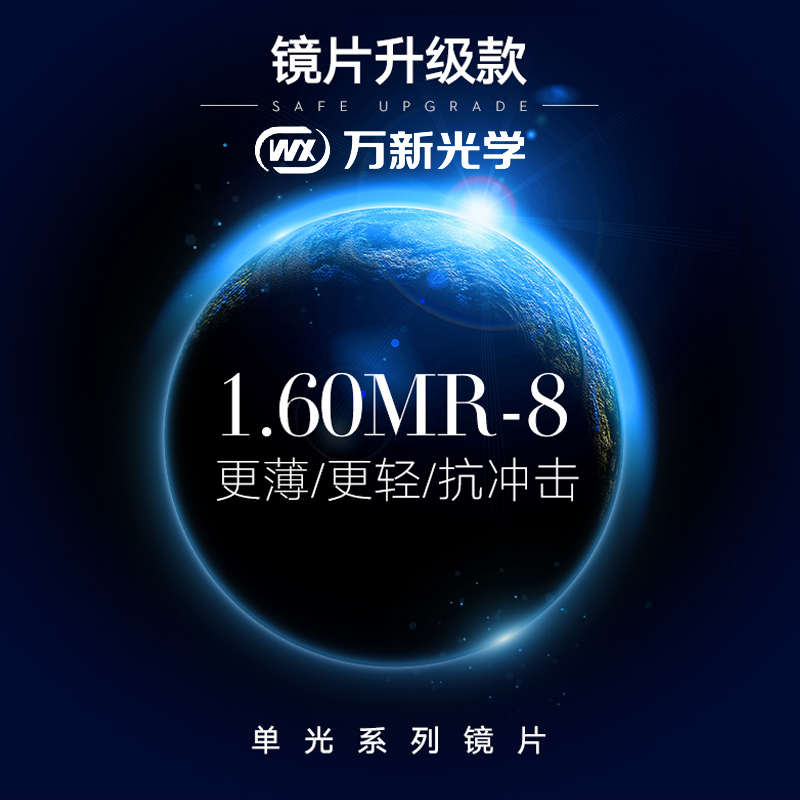 万新1.60MR-8高清晰超韧树脂非球面防蓝光镜片耐磨近视镜片实体店