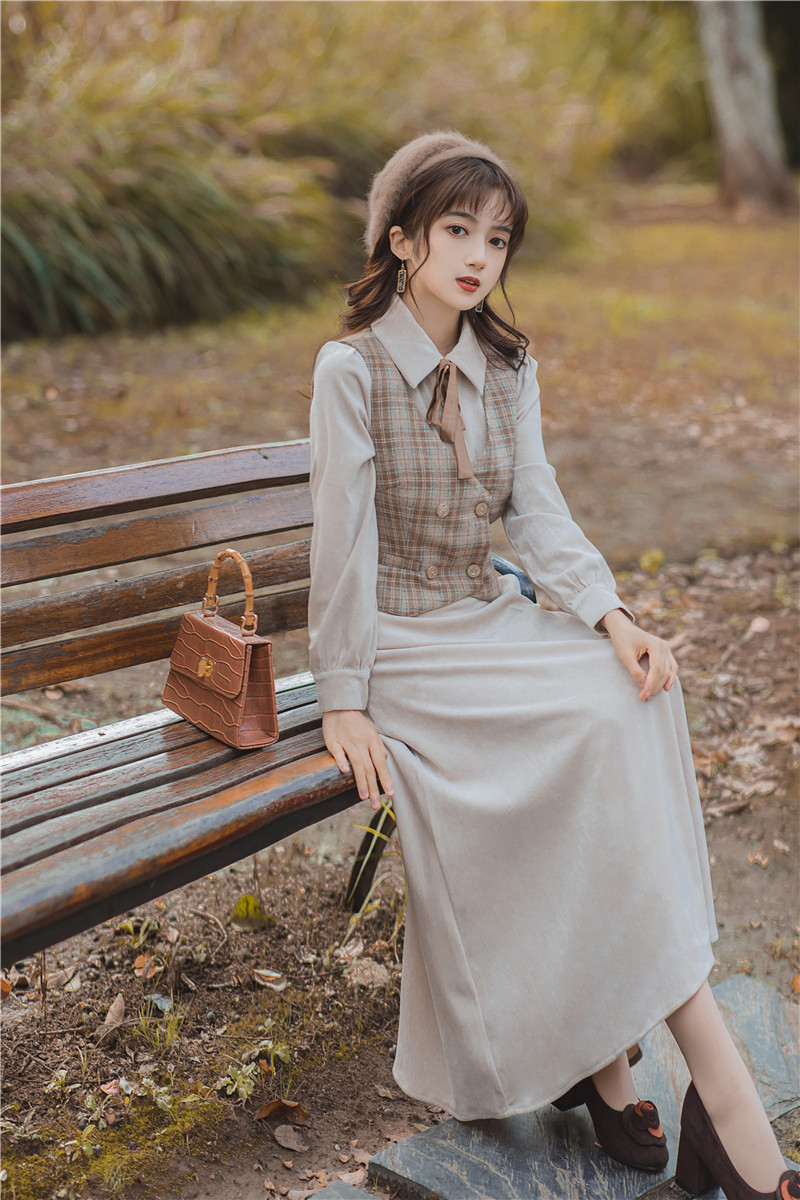民国风小洋装复古女装收腰格子马甲衬衫连衣裙冬裙套装两件套甜美