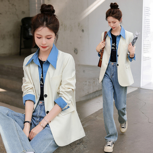 韩版春秋新款休闲气质假两件设计撞色衬衫领拼接两颗扣小西装外套
