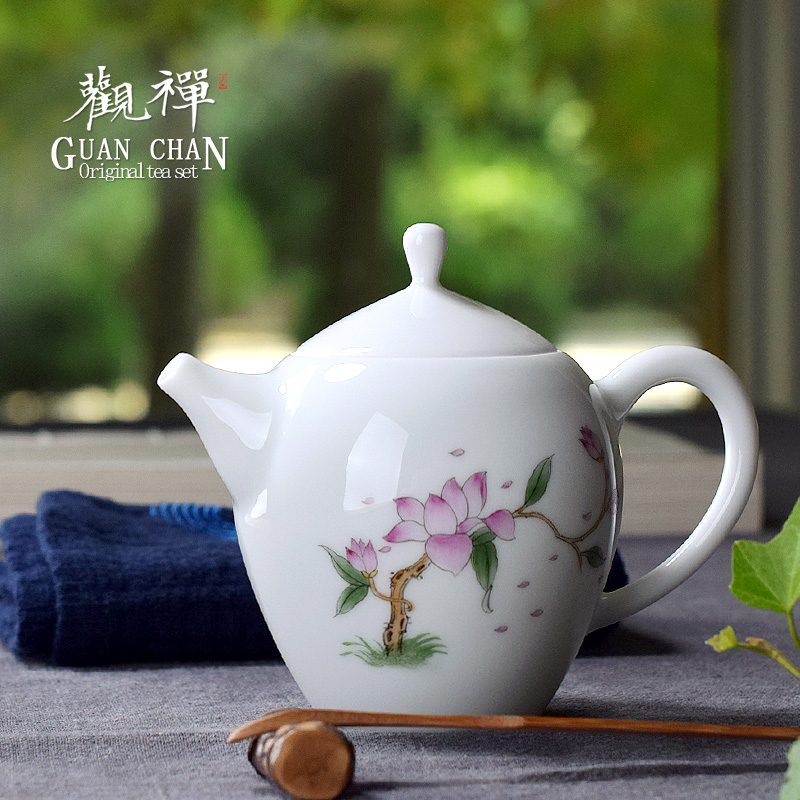 观禅景德镇陶瓷功夫茶壶手绘粉彩玉兰花手工功夫茶具茶壶小单壶